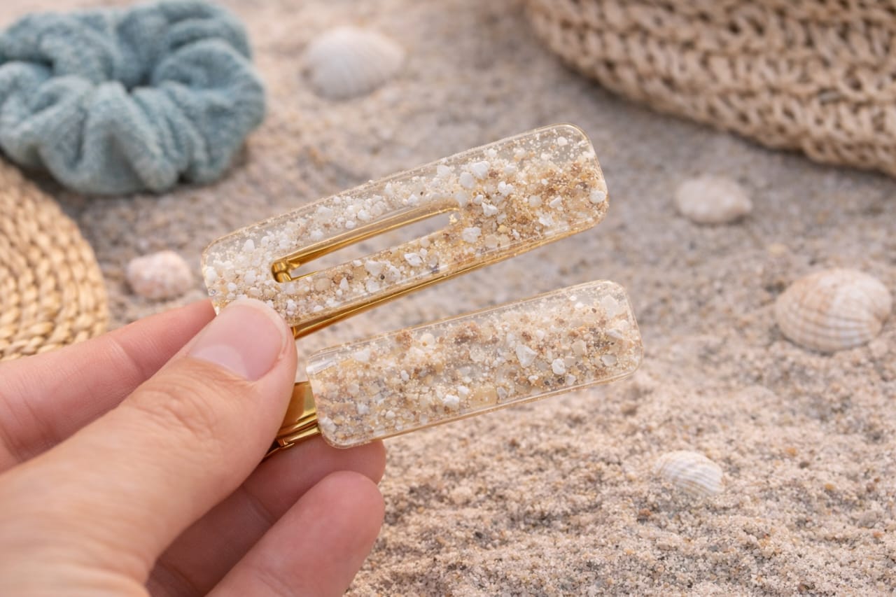 Resin hair clips with embedded sand and shells
